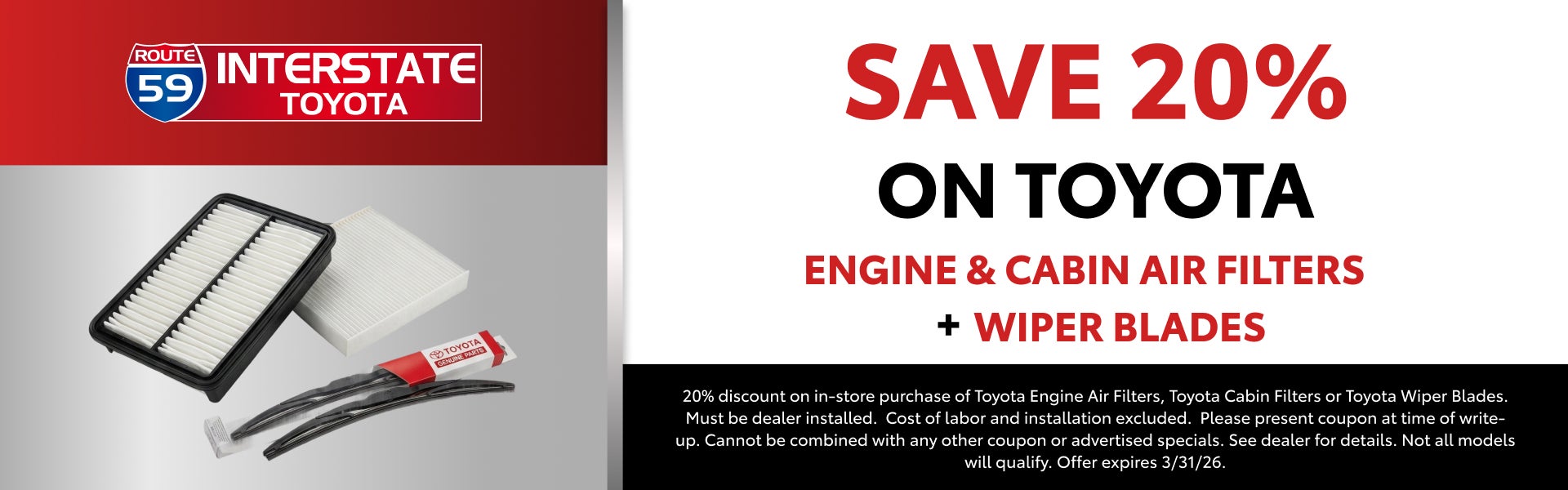 SAVE 20% ON TOYOTA ENGINE & CABIN AIR FILTER + WIPE BLADES